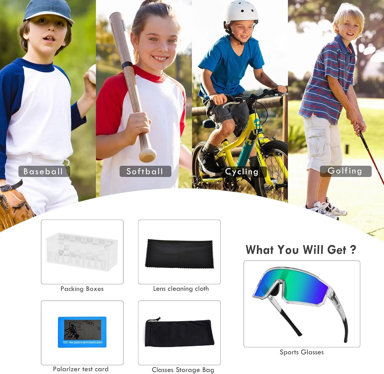 MVPTGRS Youth Baseball Sunglasses for Boys Girls Age 8-14 TR90 Frame Kids Sport Sunglasses for Softball Cycling Baseball Golf