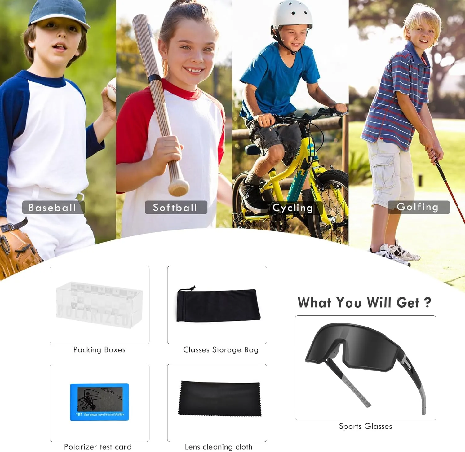 MVPTGRS Youth Baseball Sunglasses for Boys Girls Age 8-14 TR90 Frame Kids Sport Sunglasses for Softball Cycling Baseball Golf