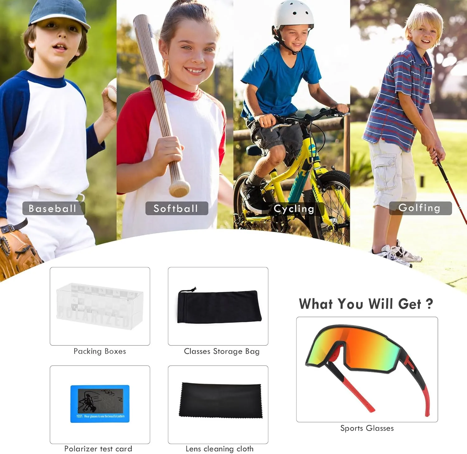 MVPTGRS Youth Baseball Sunglasses for Boys Girls Age 8-14 TR90 Frame Kids Sport Sunglasses for Softball Cycling Baseball Golf