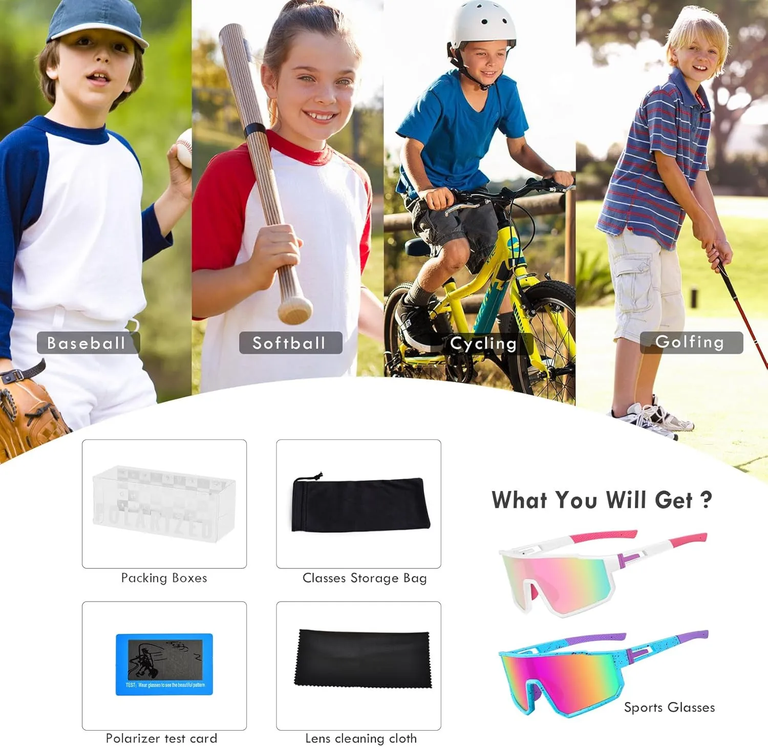 MVPTGRS Youth Baseball Sunglasses for Boys Girls Age 8-14 TR90 Frame Kids Sport Sunglasses for Softball Cycling Baseball Golf