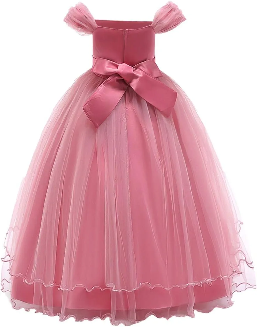 MYRISAM Flower Girl's Embroidery Dress Off-Shoulder Princess Bridesmaid Wedding Birthday Communion Party Formal Long Prom