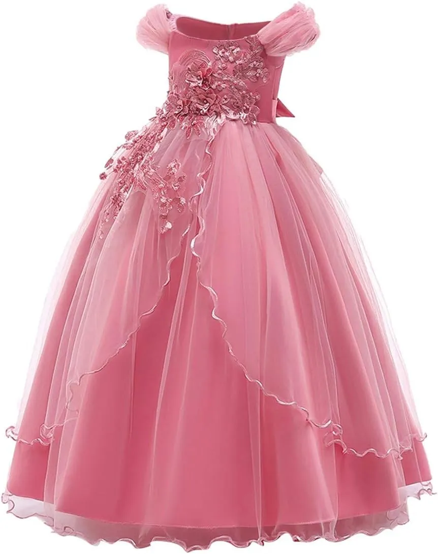 MYRISAM Flower Girl's Embroidery Dress Off-Shoulder Princess Bridesmaid Wedding Birthday Communion Party Formal Long Prom