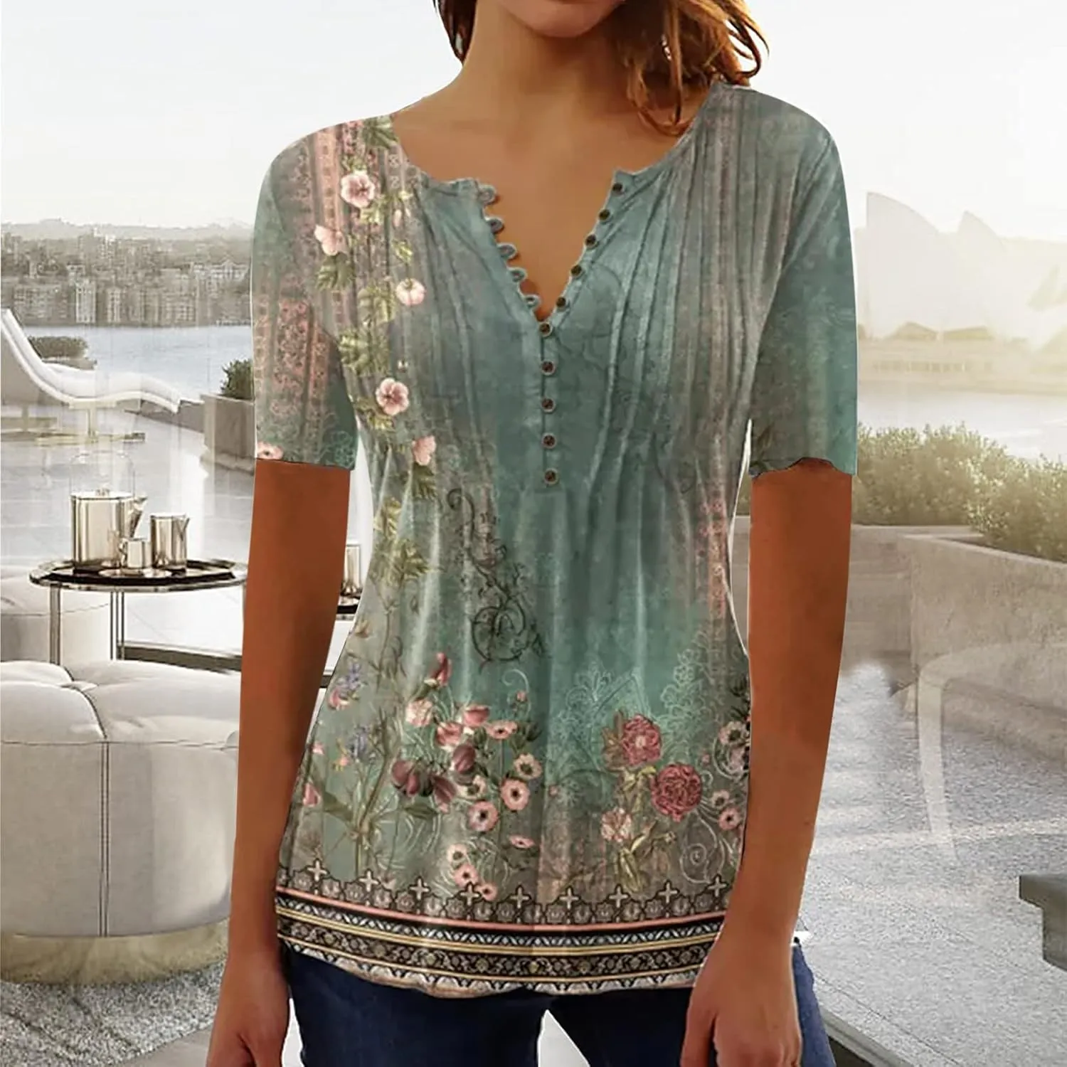 Mzkdieey Women Short Sleeve Henley T Shirt Summer Casual Floral Print Tops Empire Waist V Neck Button Down Pleated Blouse