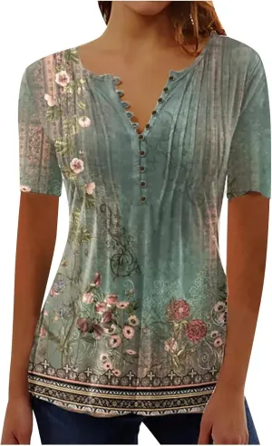 Mzkdieey Women Short Sleeve Henley T Shirt Summer Casual Floral Print Tops Empire Waist V Neck Button Down Pleated Blouse