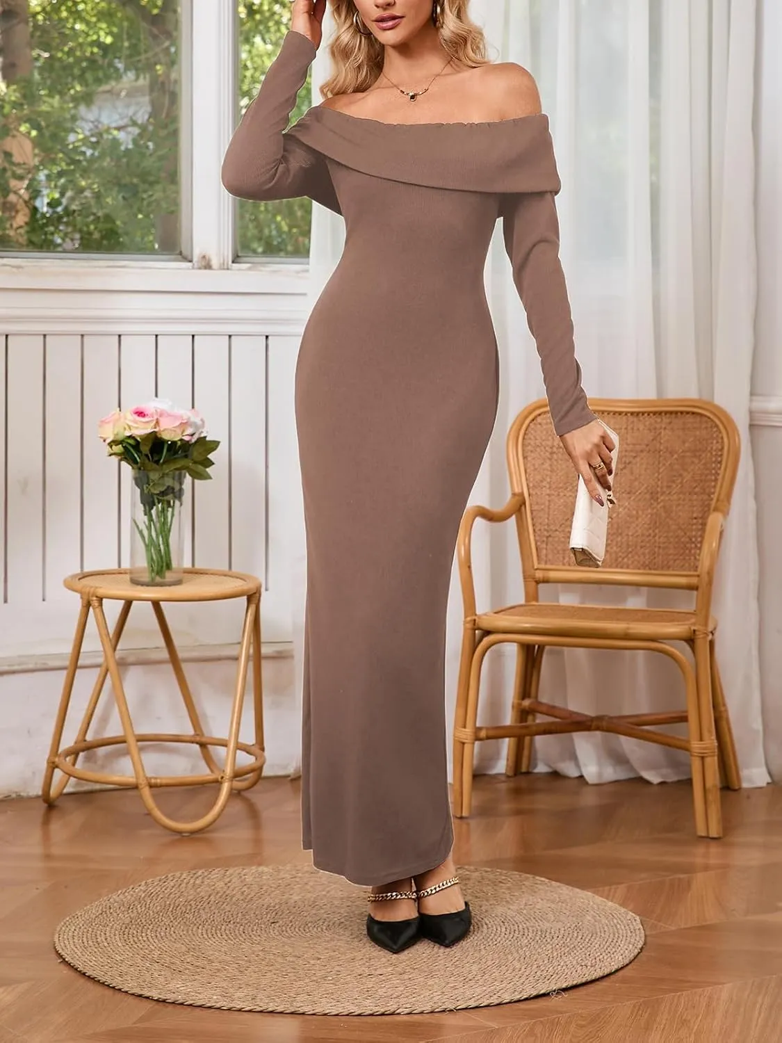 Off Shoulder Dresses for Women Bodycon Long Sleeve Cocktail Party Club Maxi Dresses with Slit