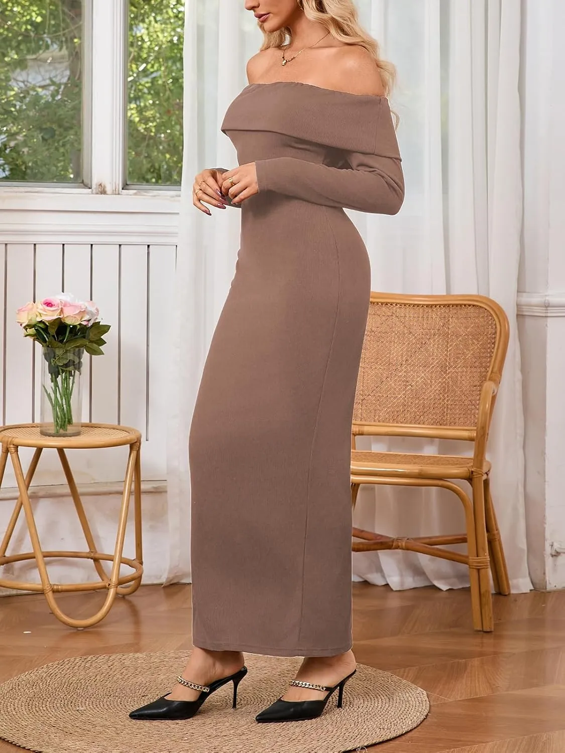 Off Shoulder Dresses for Women Bodycon Long Sleeve Cocktail Party Club Maxi Dresses with Slit