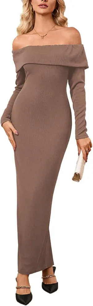 Off Shoulder Dresses for Women Bodycon Long Sleeve Cocktail Party Club Maxi Dresses with Slit
