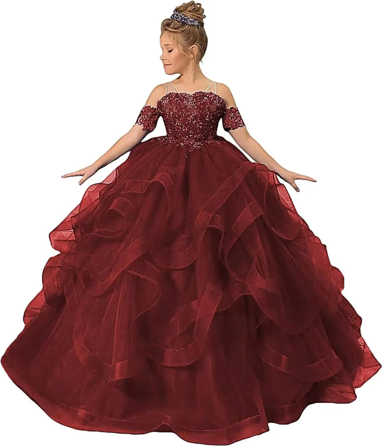 Off Shoulder Pageant Dresses for Girls Lace Applique Ruffle Flower Girl Dress Princess Ball Gown
