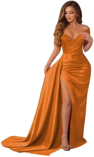 Off Shoulder Prom Dresses for Women Mermaid Satin Sparkly Bridesmaid Dress Formal Gown DDR952