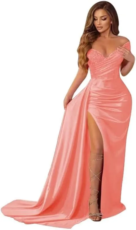 Off Shoulder Prom Dresses for Women Mermaid Satin Sparkly Bridesmaid Dress Formal Gown DDR952