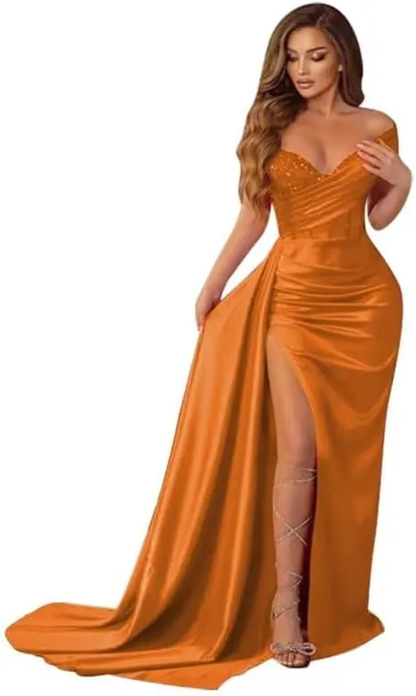 Off Shoulder Prom Dresses for Women Mermaid Satin Sparkly Bridesmaid Dress Formal Gown DDR952