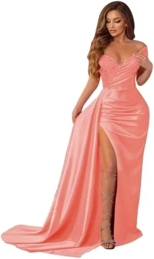 Off Shoulder Prom Dresses for Women Mermaid Satin Sparkly Bridesmaid Dress Formal Gown DDR952