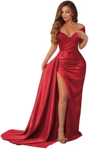 Off Shoulder Prom Dresses for Women Mermaid Satin Sparkly Bridesmaid Dress Formal Gown DDR952