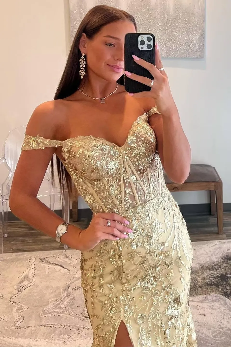 Off Shoulder Prom Dresses Long with Slit Mermaid Sequin Appliques Formal Evening Party Gowns