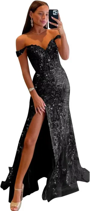 Off Shoulder Prom Dresses Long with Slit Mermaid Sequin Appliques Formal Evening Party Gowns