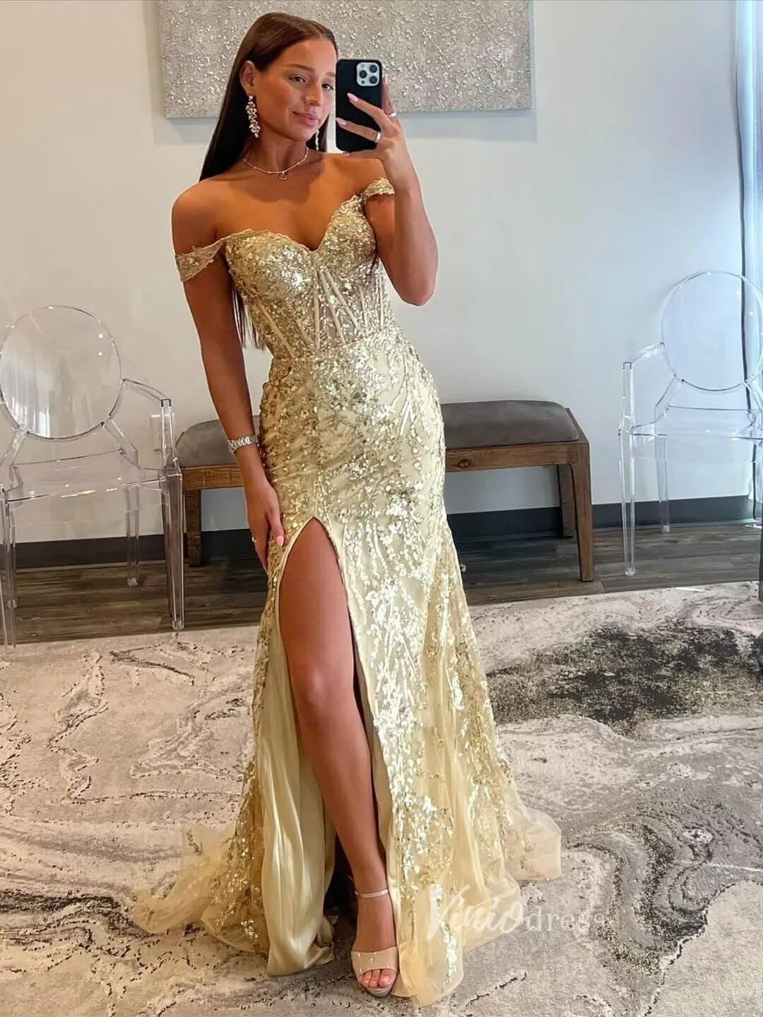 Off Shoulder Prom Dresses Long with Slit Mermaid Sequin Appliques Formal Evening Party Gowns