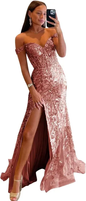 Off Shoulder Prom Dresses Long with Slit Mermaid Sequin Appliques Formal Evening Party Gowns