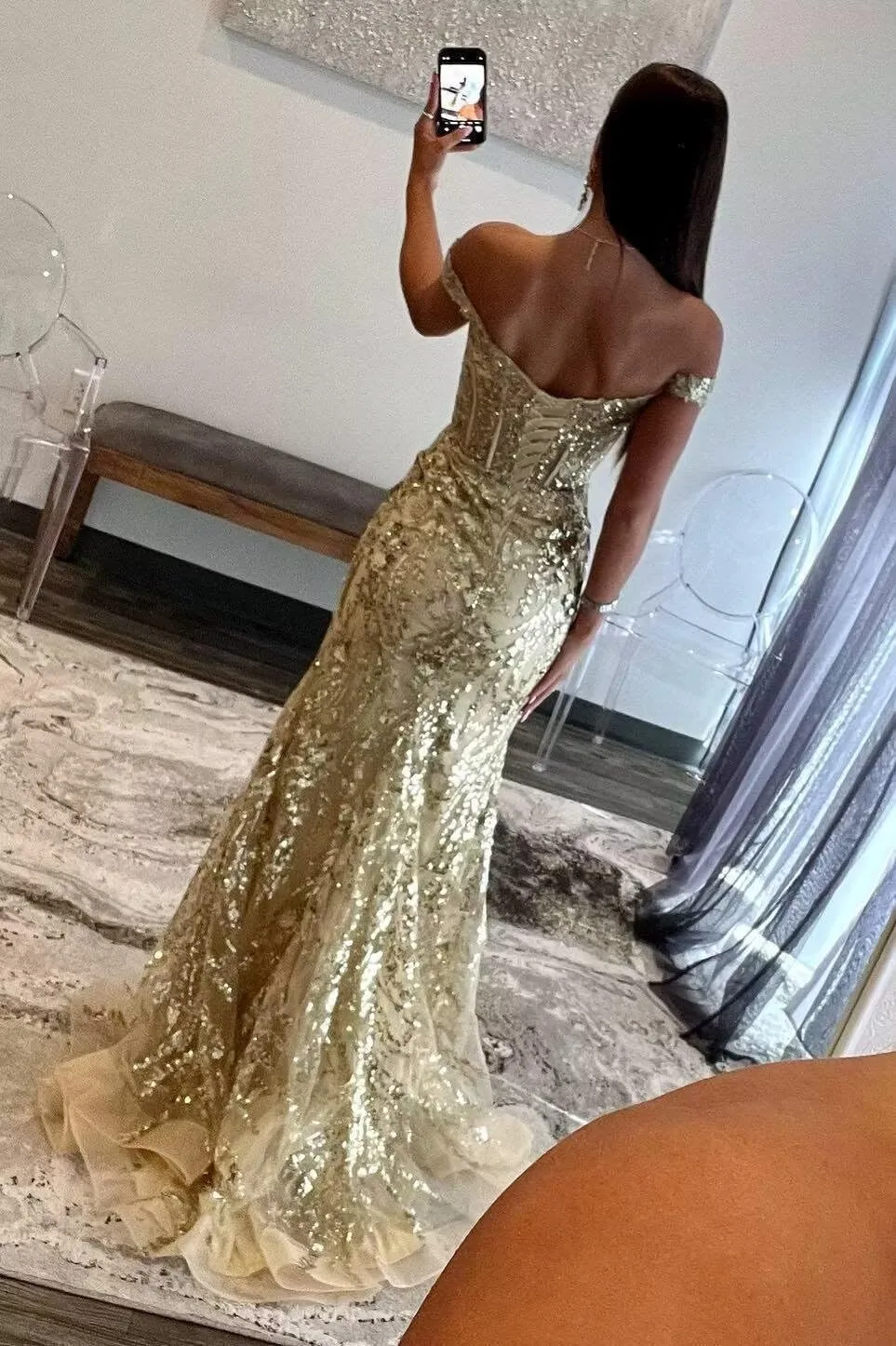 Off Shoulder Prom Dresses Long with Slit Mermaid Sequin Appliques Formal Evening Party Gowns