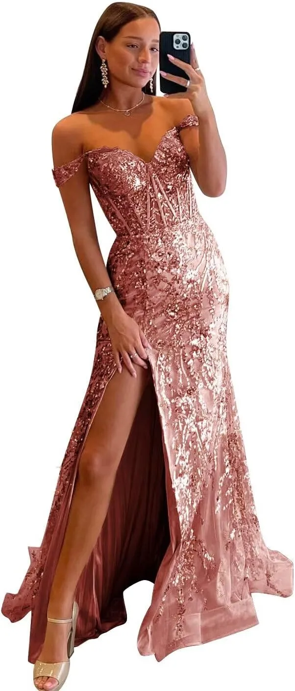 Off Shoulder Prom Dresses Long with Slit Mermaid Sequin Appliques Formal Evening Party Gowns