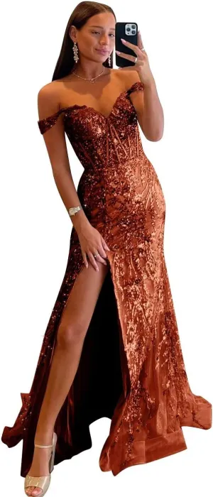 Off Shoulder Prom Dresses Long with Slit Mermaid Sequin Appliques Formal Evening Party Gowns