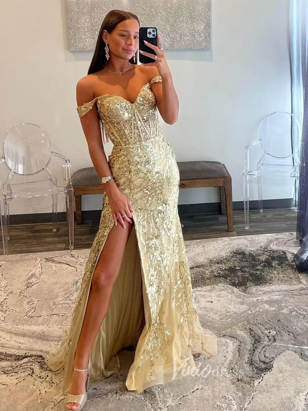 Off Shoulder Prom Dresses Long with Slit Mermaid Sequin Appliques Formal Evening Party Gowns