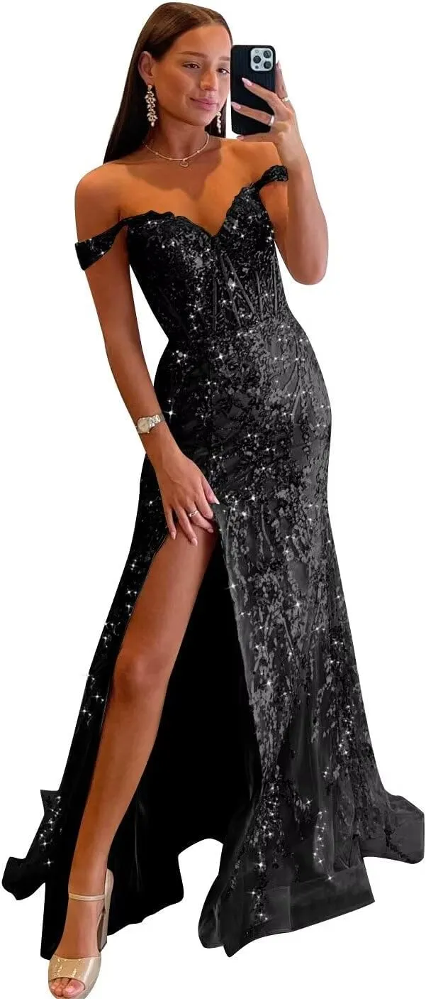 Off Shoulder Prom Dresses Long with Slit Mermaid Sequin Appliques Formal Evening Party Gowns