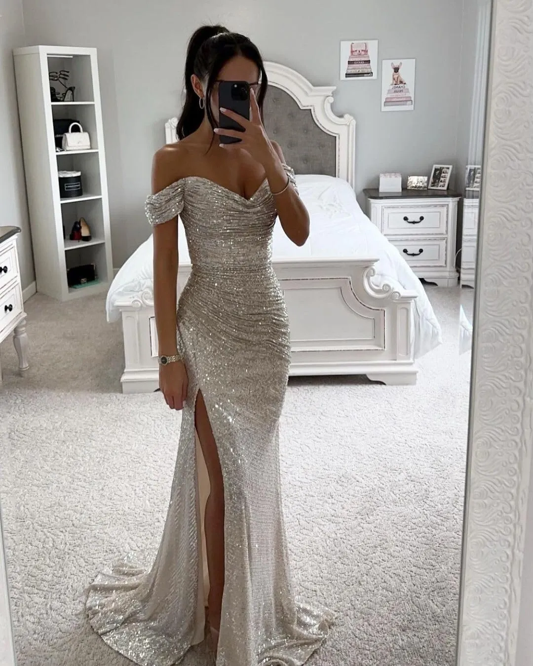 Off Shoulder Sequin Prom Dress Long Mermaid Pleated Formal Gowns with Slit P038