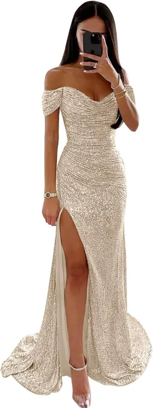 Off Shoulder Sequin Prom Dress Long Mermaid Pleated Formal Gowns with Slit P038