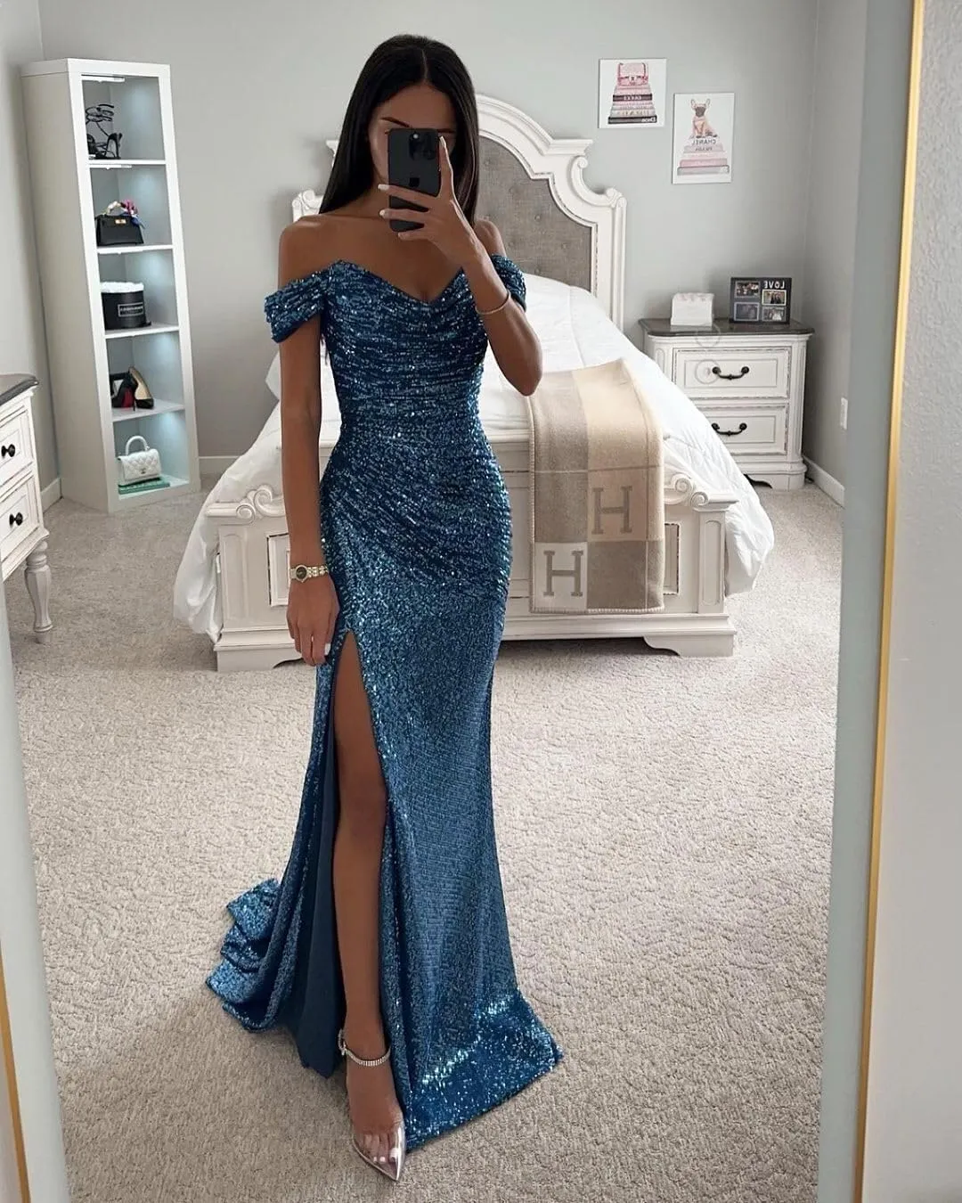 Off Shoulder Sequin Prom Dress Long Mermaid Pleated Formal Gowns with Slit P038