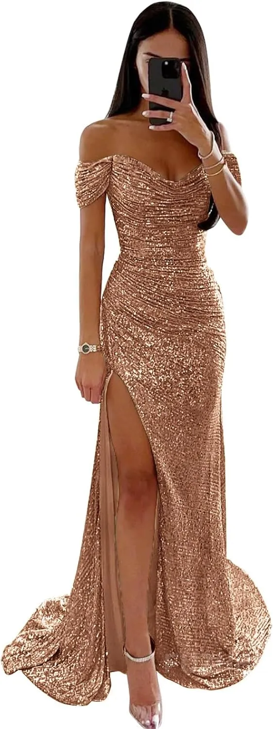 Off Shoulder Sequin Prom Dress Long Mermaid Pleated Formal Gowns with Slit P038
