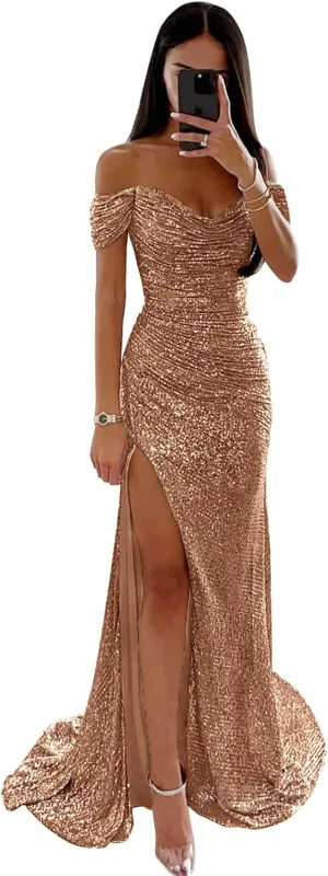 Off Shoulder Sequin Prom Dress Long Mermaid Pleated Formal Gowns with Slit P038