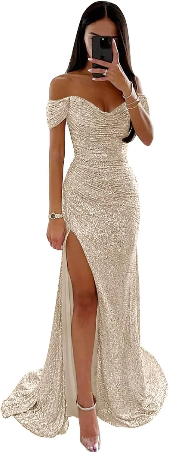 Off Shoulder Sequin Prom Dress Long Mermaid Pleated Formal Gowns with Slit P038