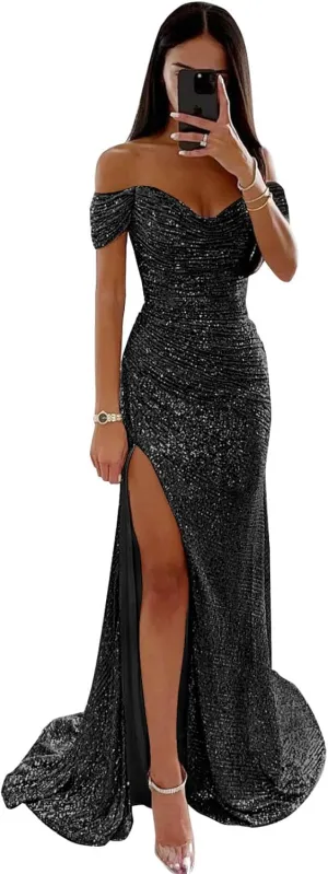 Off Shoulder Sequin Prom Dress Long Mermaid Pleated Formal Gowns with Slit P038