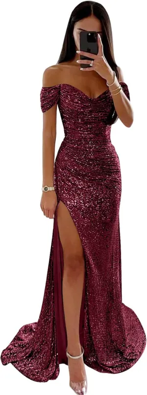 Off Shoulder Sequin Prom Dress Long Mermaid Pleated Formal Gowns with Slit P038