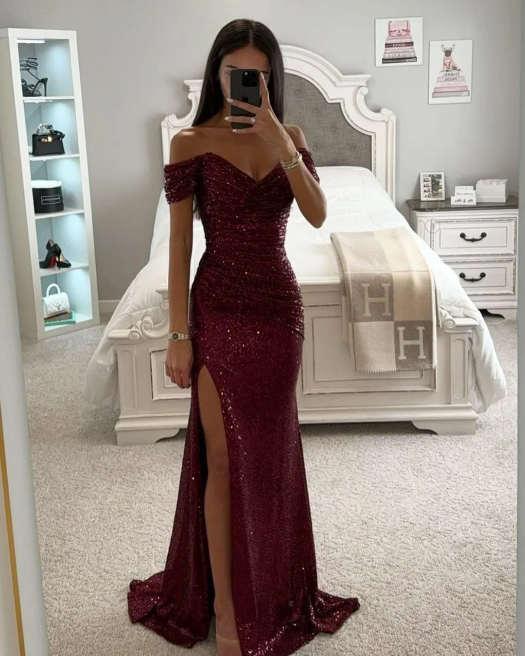 Off Shoulder Sequin Prom Dress Long Mermaid Pleated Formal Gowns with Slit P038