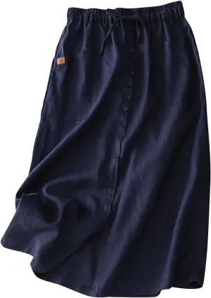 Oplxuo Womens Cotton Linen Skirts Button Front Casual Drawstring High Waist Skirt with Pockets