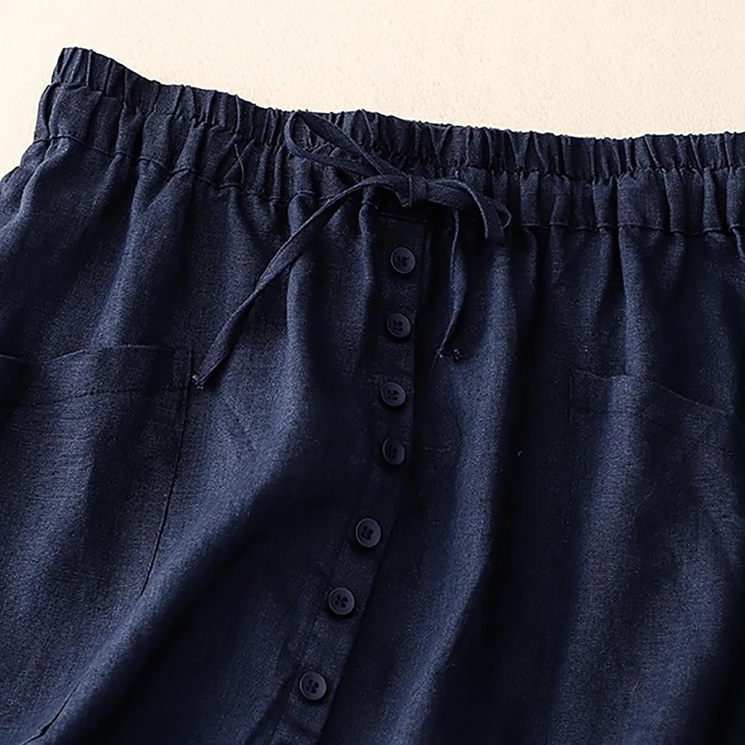 Oplxuo Womens Cotton Linen Skirts Button Front Casual Drawstring High Waist Skirt with Pockets