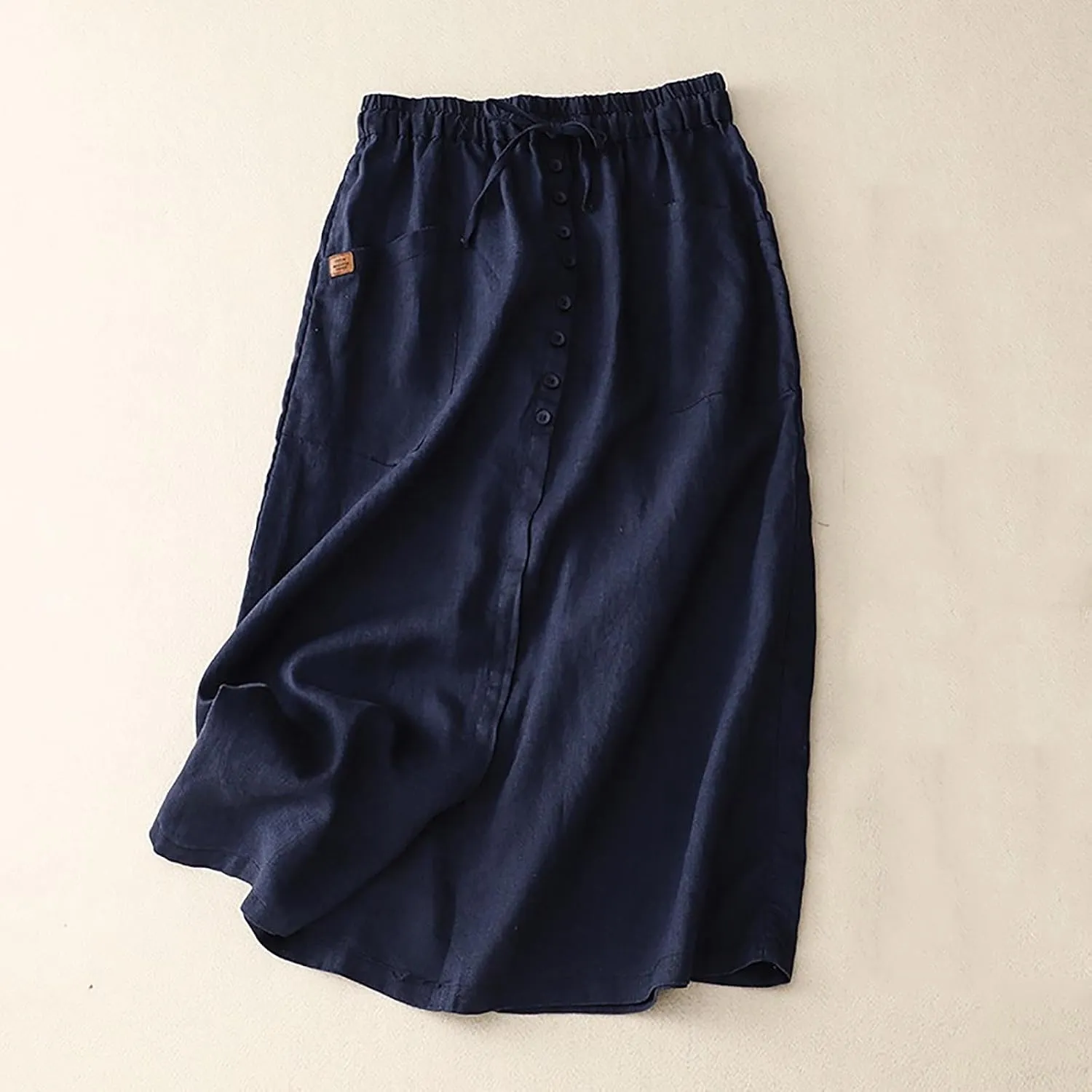 Oplxuo Womens Cotton Linen Skirts Button Front Casual Drawstring High Waist Skirt with Pockets
