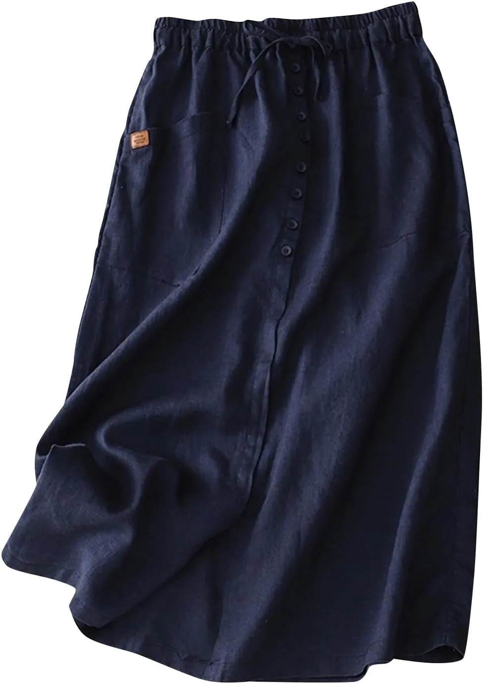 Oplxuo Womens Cotton Linen Skirts Button Front Casual Drawstring High Waist Skirt with Pockets