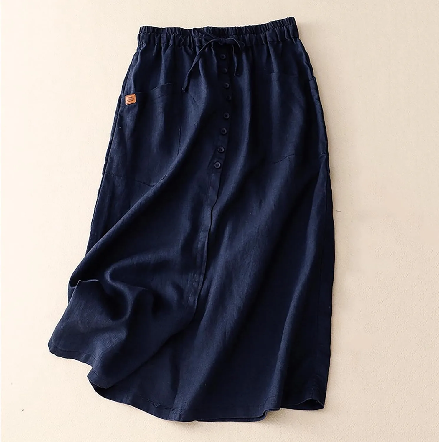 Oplxuo Womens Cotton Linen Skirts Button Front Casual Drawstring High Waist Skirt with Pockets
