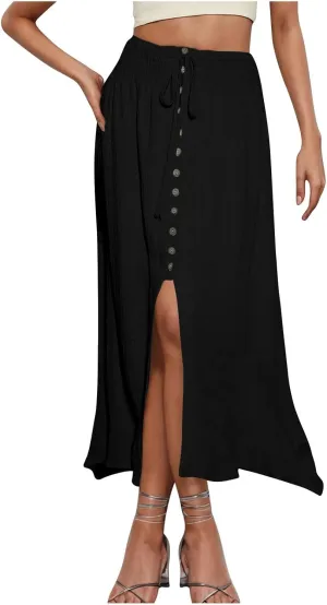 Oplxuo Women's Elastic Tie Waist Button Down Maxi Skirts Casual Loose Flowy Swing Slit Front Long Skirt