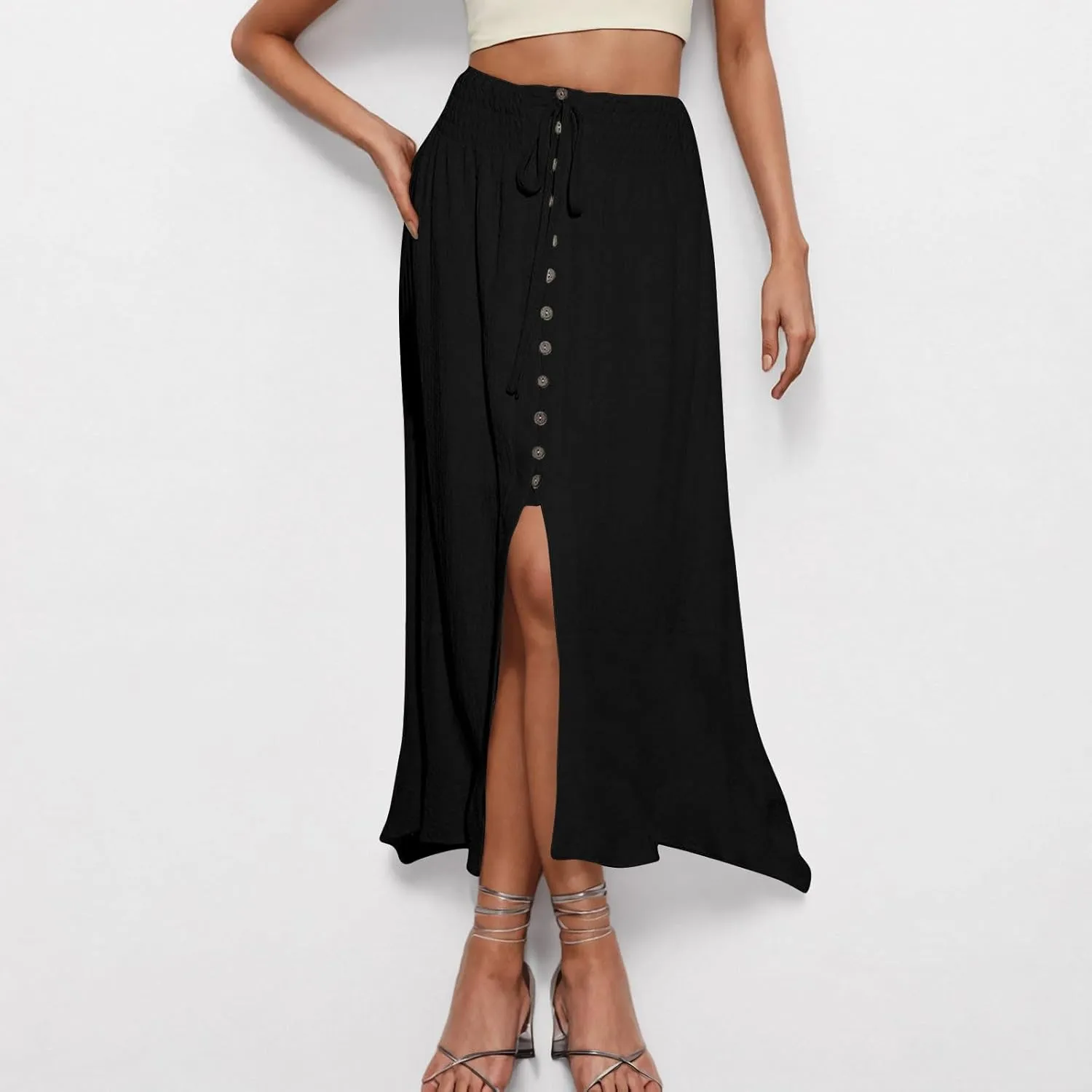 Oplxuo Women's Elastic Tie Waist Button Down Maxi Skirts Casual Loose Flowy Swing Slit Front Long Skirt