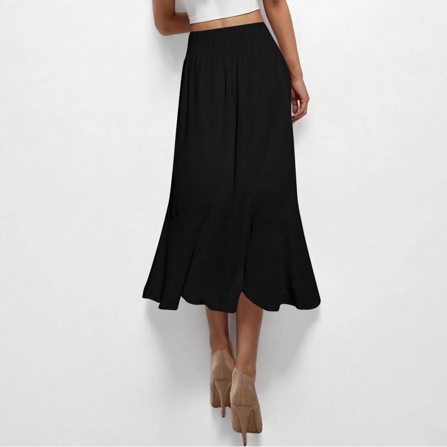 Oplxuo Women's Elastic Tie Waist Button Down Maxi Skirts Casual Loose Flowy Swing Slit Front Long Skirt