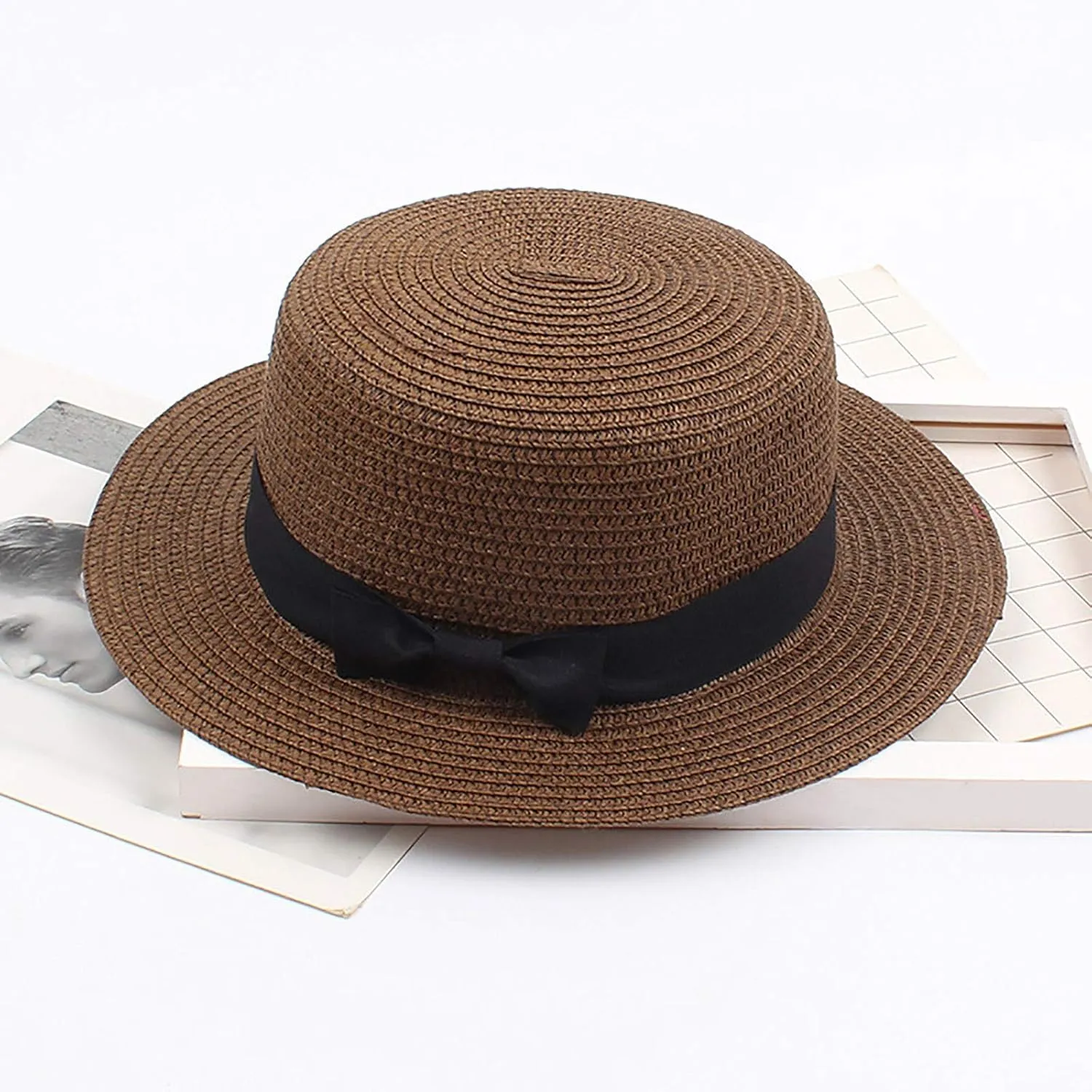 Panama Sun Hats for Women Wide Brim Straw Boater Hat Foldable Packable Flat Top Ribbon Fedora Beach Hat for Summer