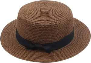 Panama Sun Hats for Women Wide Brim Straw Boater Hat Foldable Packable Flat Top Ribbon Fedora Beach Hat for Summer