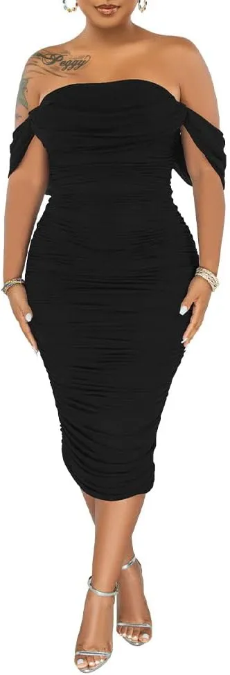 PINSV Women Ruched Off Shoulder Dress Bodycon Party Elegant Midi Dresses