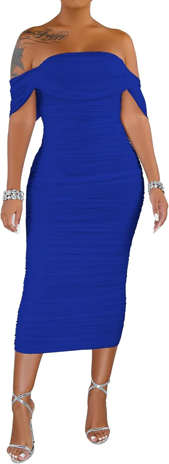 PINSV Women Ruched Off Shoulder Dress Bodycon Party Elegant Midi Dresses