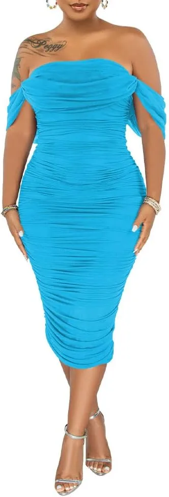 PINSV Women Ruched Off Shoulder Dress Bodycon Party Elegant Midi Dresses