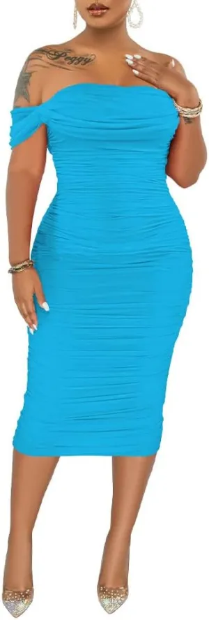 PINSV Women Ruched Off Shoulder Dress Bodycon Party Elegant Midi Dresses