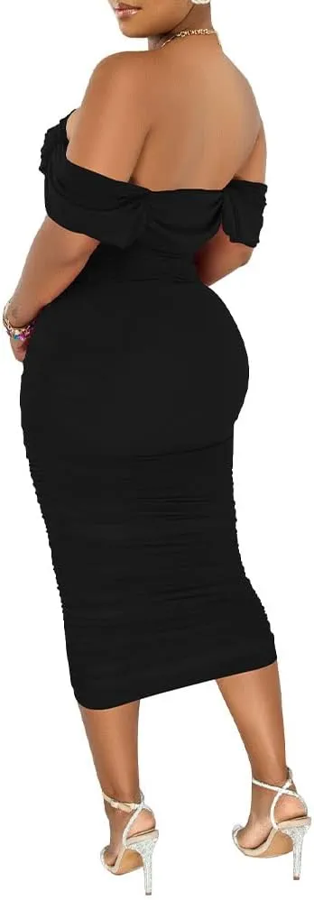 PINSV Women Ruched Off Shoulder Dress Bodycon Party Elegant Midi Dresses
